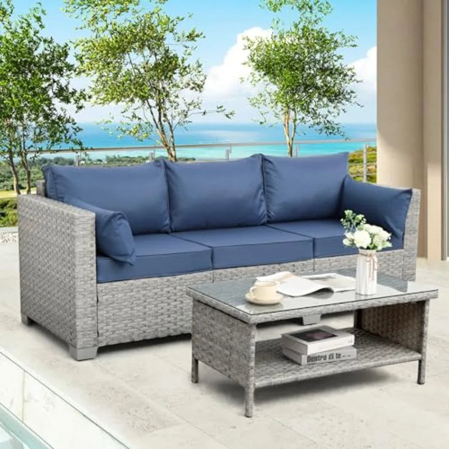Outdoor Couch 3 Seater Wicker Patio Sofa Gray Rattan Deep Seat Balcony Furniture Porch Seating with Navy Blue Cushion