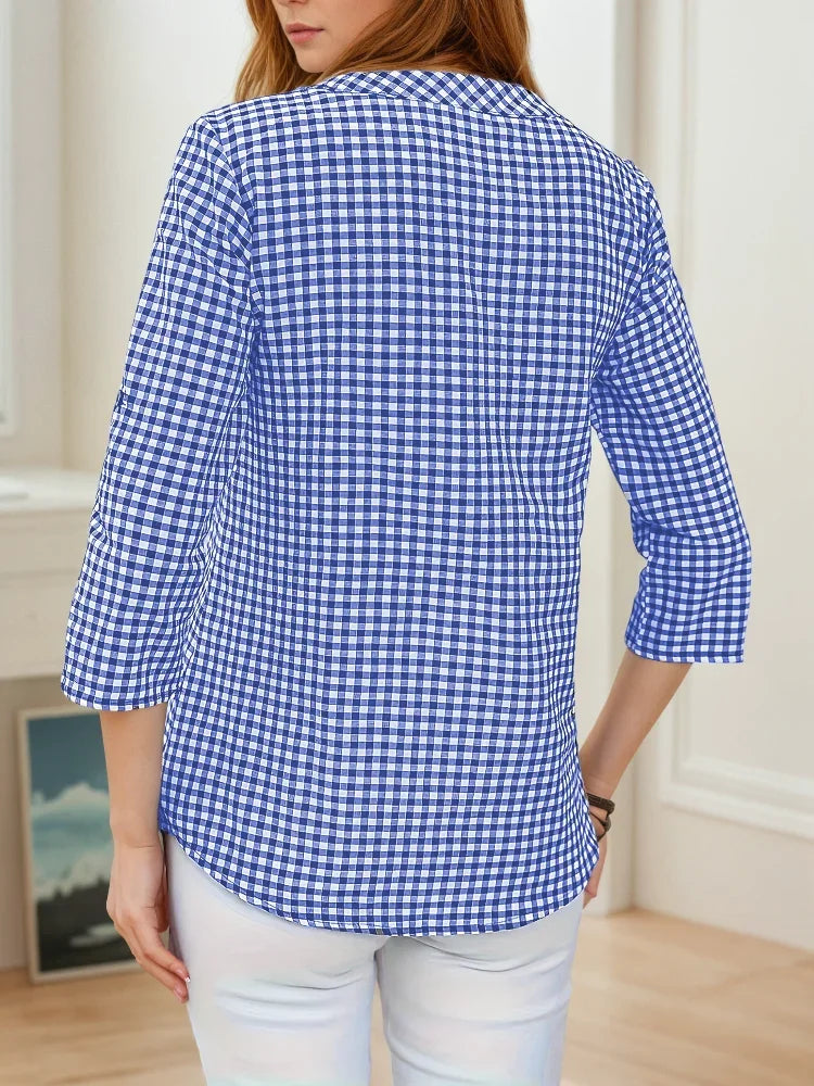 Plus Size Spring Autumn Women Fine Plaid Fashion Long Sleeve V-Neck Blouse Slim Fit Temperament Top Belly Covering Small Shirts