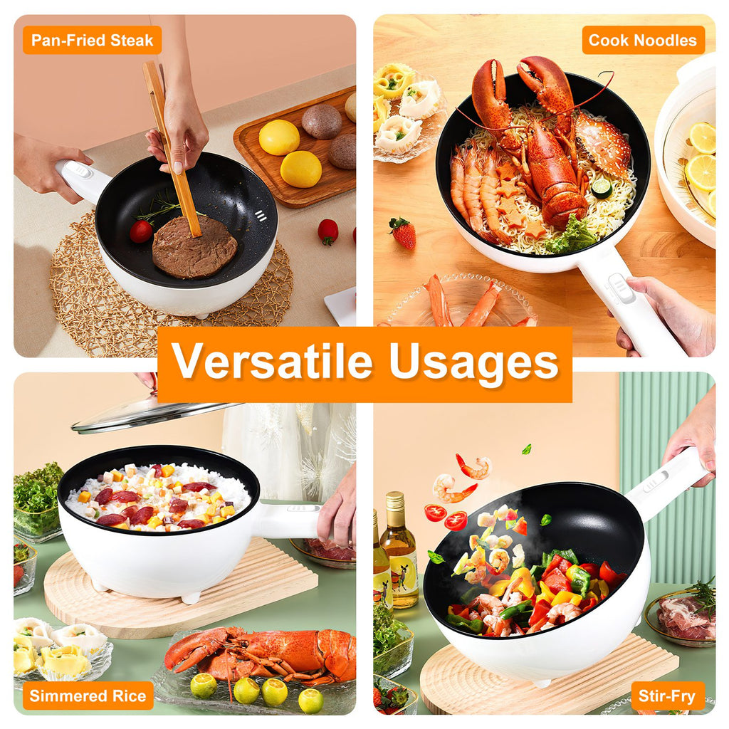 Electric Hot Pot Non-Stick Frying Pan Portable Rapid Noodles Cooker With Long Handle Steamer Spatula Dual Power Control Overheat Dry-Boil Protection For College Dorm Room Essential For Food Prepare