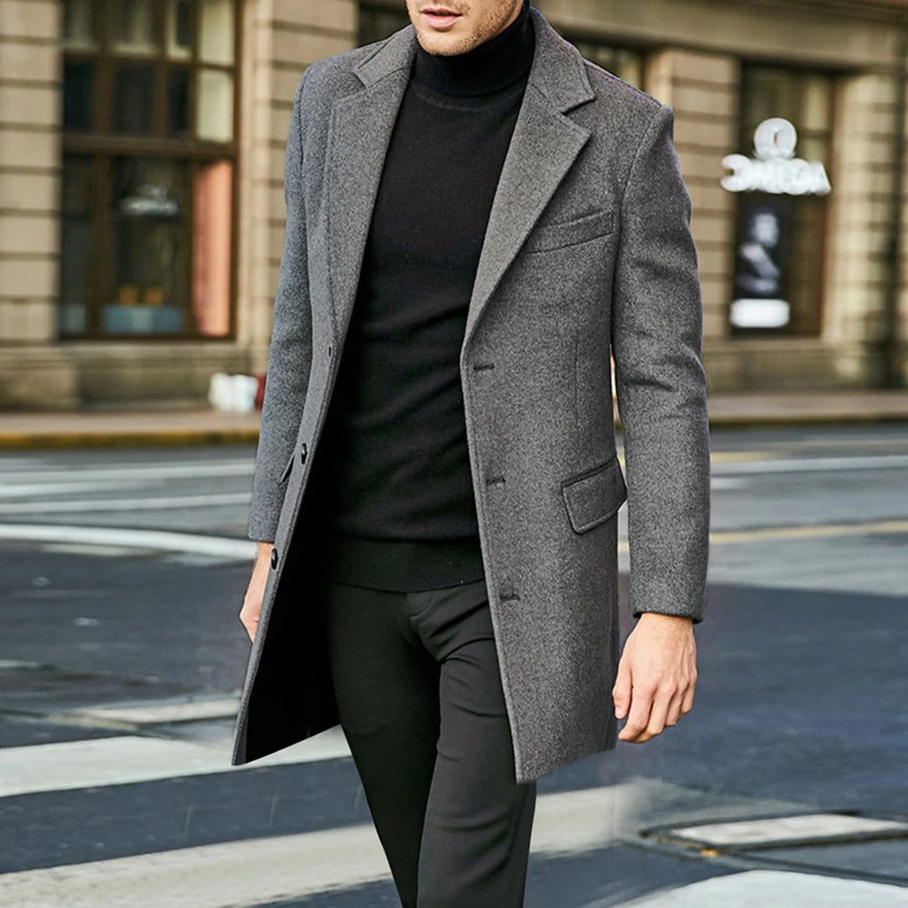 2026 Winter Fashion Men's Mid-Length Wool Overcoat Male Long Sleeve Lapel Solid Color Trench Coat Winter Outerwear