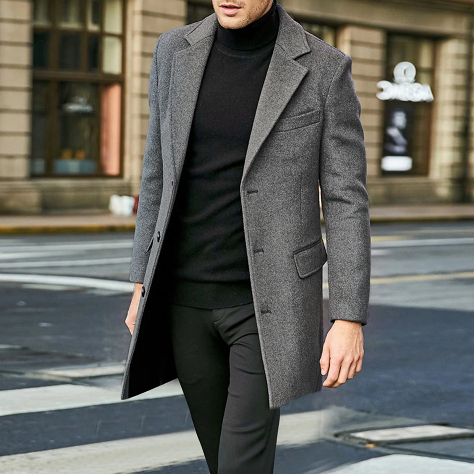 2026 Winter Fashion Men's Mid-Length Wool Overcoat Male Long Sleeve Lapel Solid Color Trench Coat Winter Outerwear