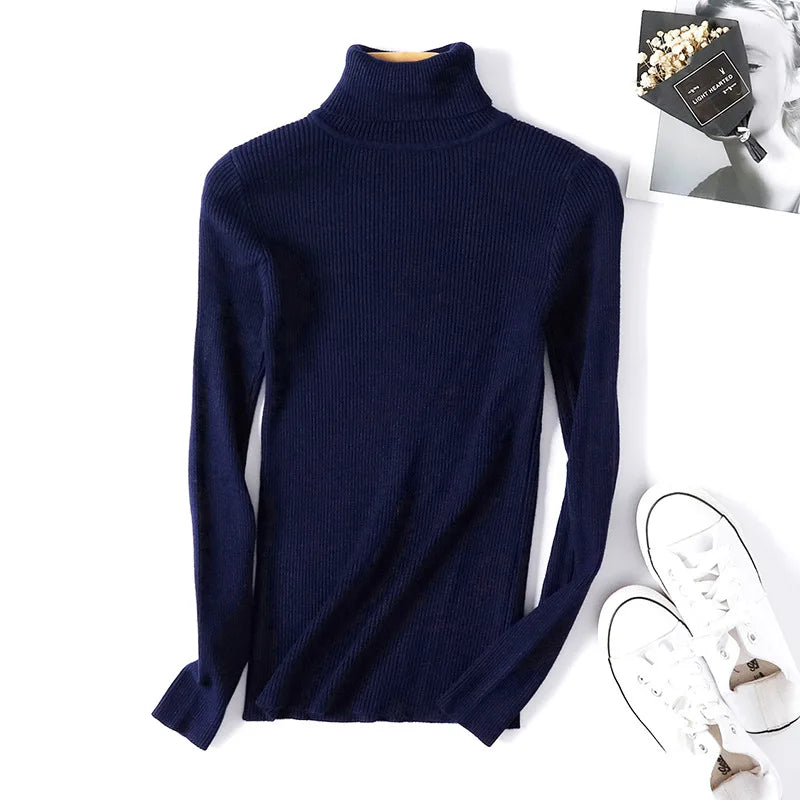 Casual Soft Polo-neck Jumper New Autumn Winter Women Knitted Turtleneck Sweater Fashion Slim Elasticity Solid Ribbed Pullovers 