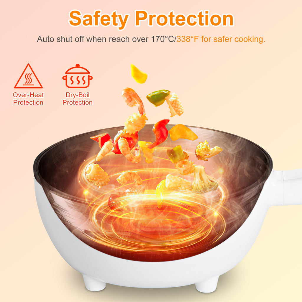 Electric Hot Pot Non-Stick Frying Pan Portable Rapid Noodles Cooker With Long Handle Steamer Spatula Dual Power Control Overheat Dry-Boil Protection For College Dorm Room Essential For Food Prepare