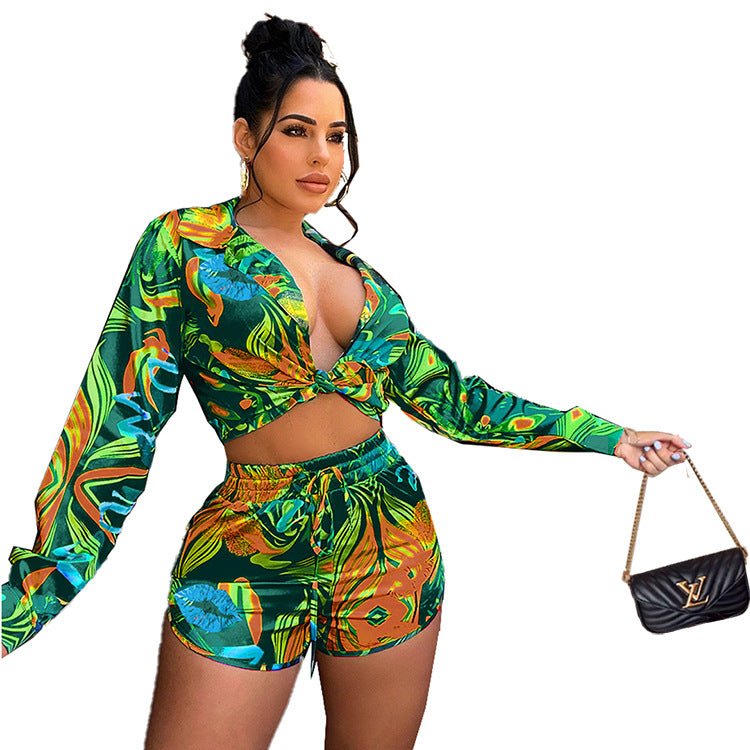Womens Printed Short-Sleeve Shirt And Casual Hot-Pants Set