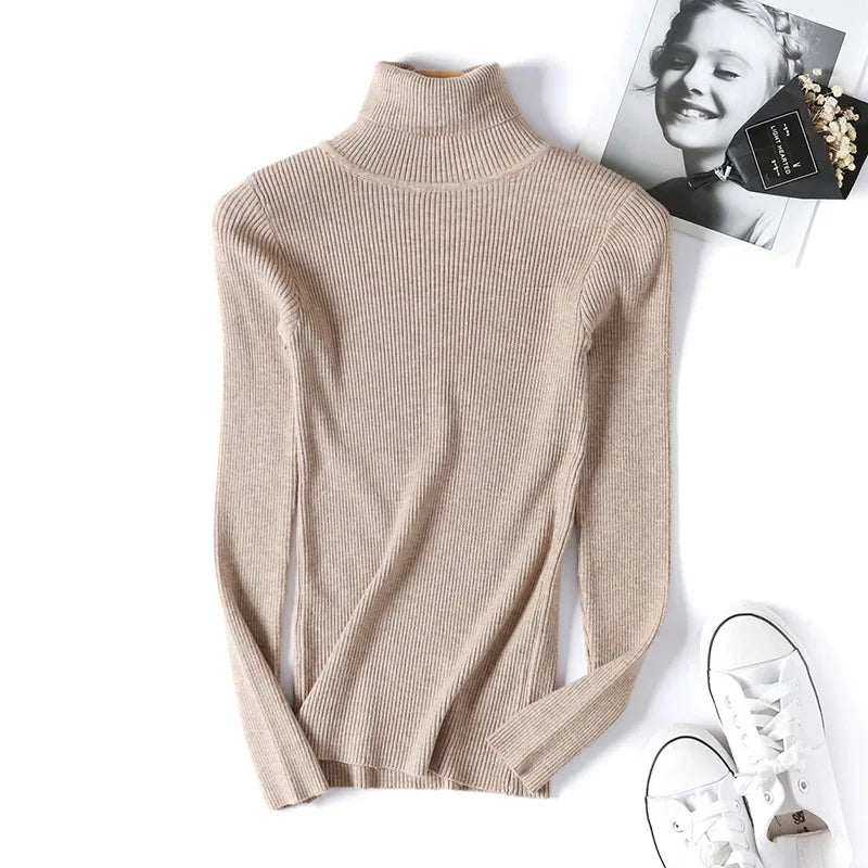 Casual Soft Polo-neck Jumper New Autumn Winter Women Knitted Turtleneck Sweater Fashion Slim Elasticity Solid Ribbed Pullovers 