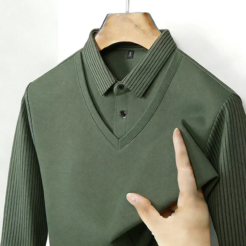 Men's Fake Two Piece Shirt Collar V Neck Long Sleeve Top Khaki Striped Casual Fashion Soft Fabric Daily Wear Blou 
