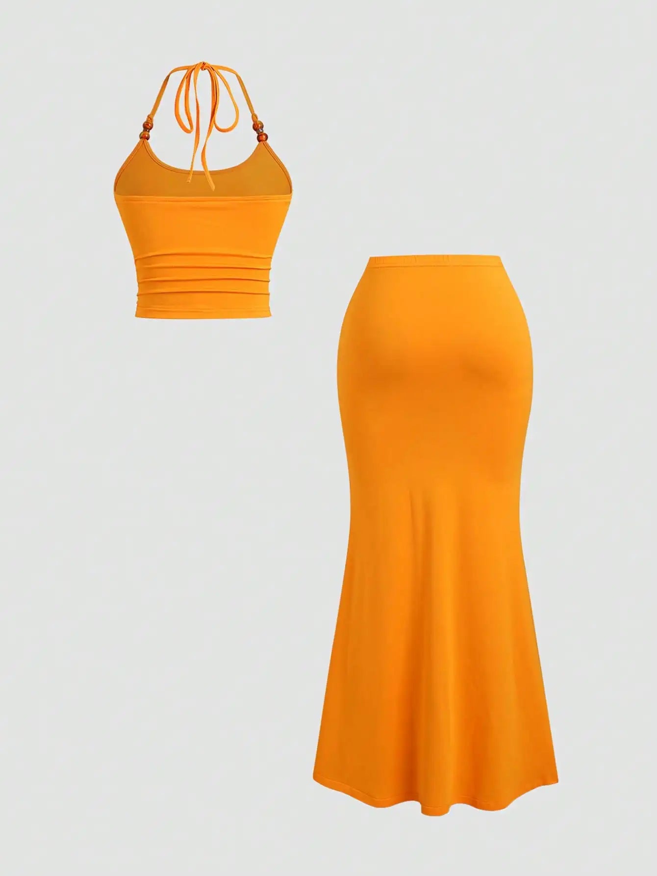 Women's Orange Halter Top & Bodycon Mermaid Skirt 2-Piece Set with Beaded Straps 