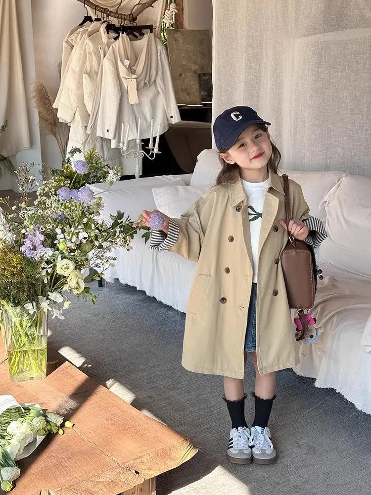 Girl's Trench Coat Spring and Autumn Children's Western British Style Medium length Jacket 110-160cm