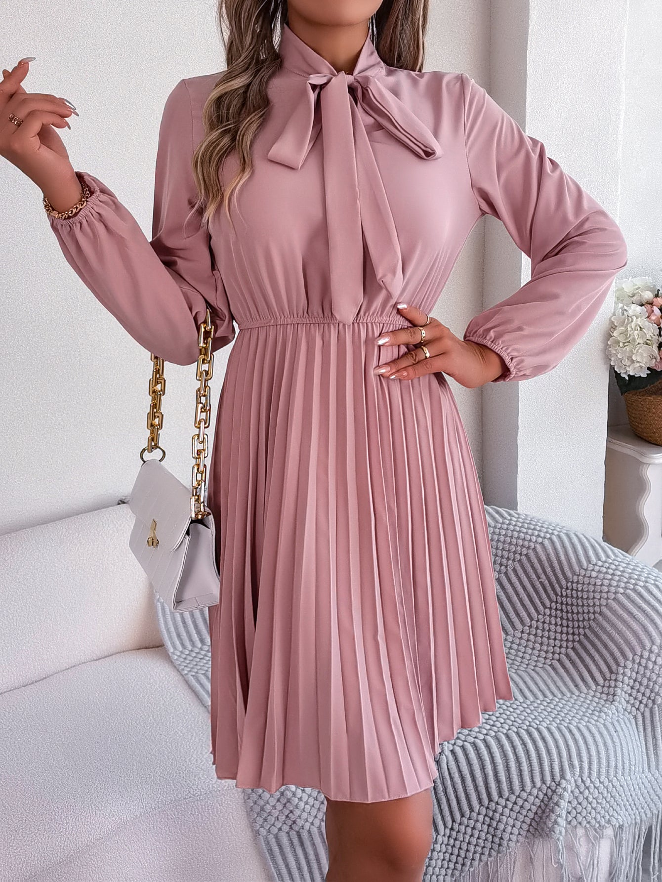 Women's Elegant Tie Waist Long Sleeve Pleated Skirt vestido