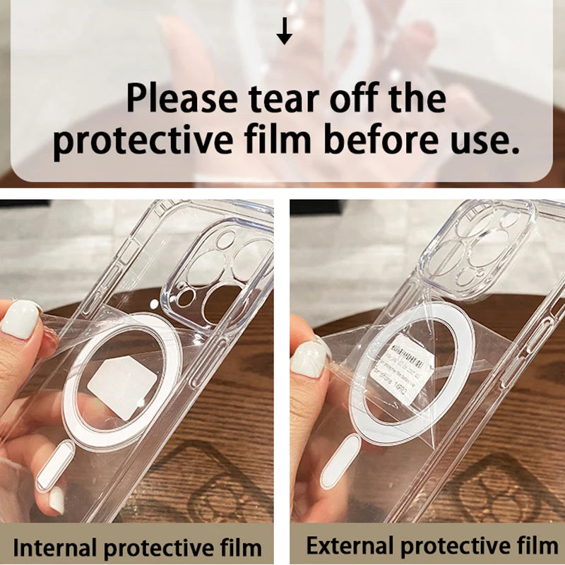 For Magesafe Magnetic Transparent Wireless Charging Case For iPhone 11 12 13 14 15 16 17 Air Pro Max Plus Mini Shockproof PC Cover 