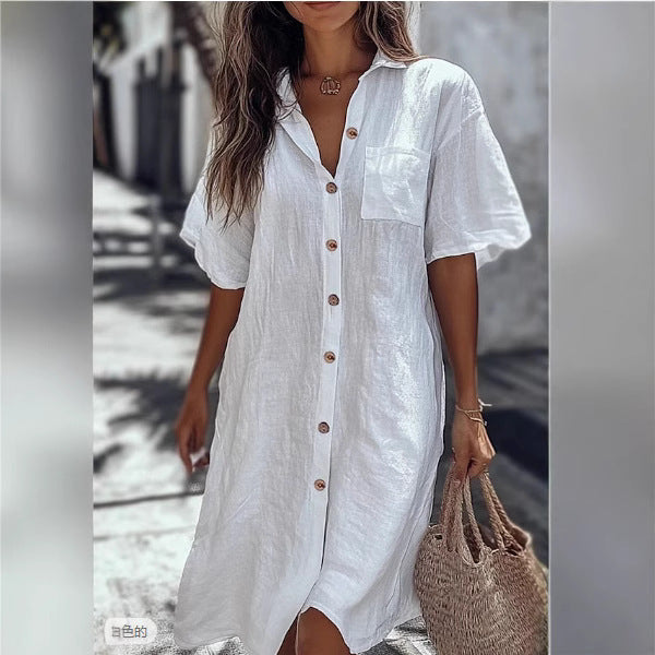 Casual Solid Shirt Dress Lady Fashion Short Sleeve Button Loose Dresses Women Elegant Office Skirt Womens Clothing Summer camisa manga corta de verano mujer.