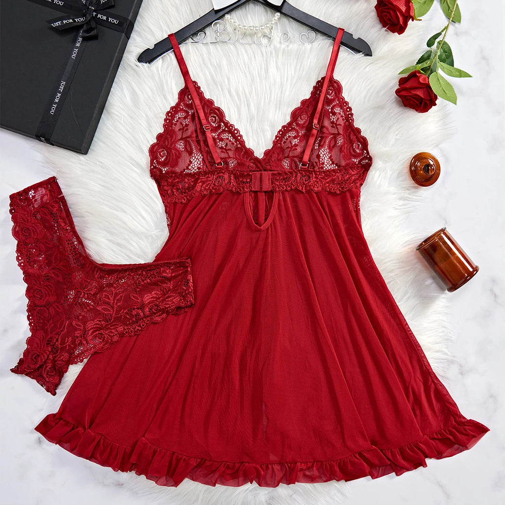 New Nightgown Contrast Lace Ruffle Trim Lingerie Set Deep V Slip Dress Thong Women's Sexy Lingerie Underwear Bra And Brief Set