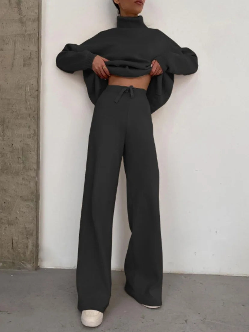 Sets Women Outfits Elegant Turtleneck Long-sleeved Sweater Trouser Suit Solid Color Comfortable Wide Leg Home Conjuntos De Mujer