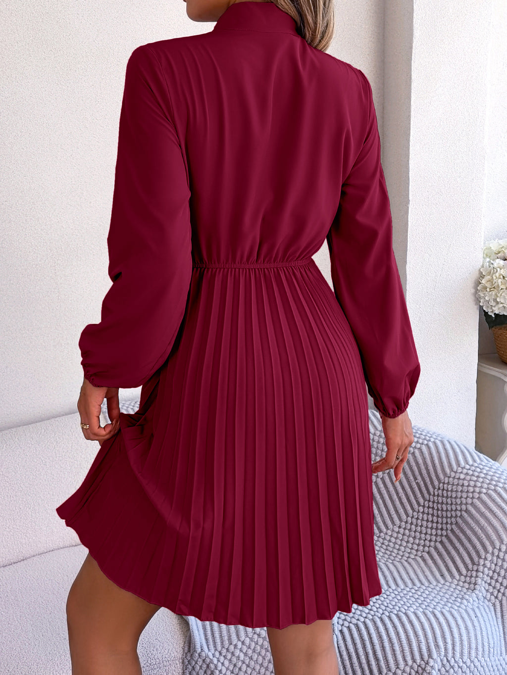 Women's Elegant Tie Waist Long Sleeve Pleated Skirt vestido