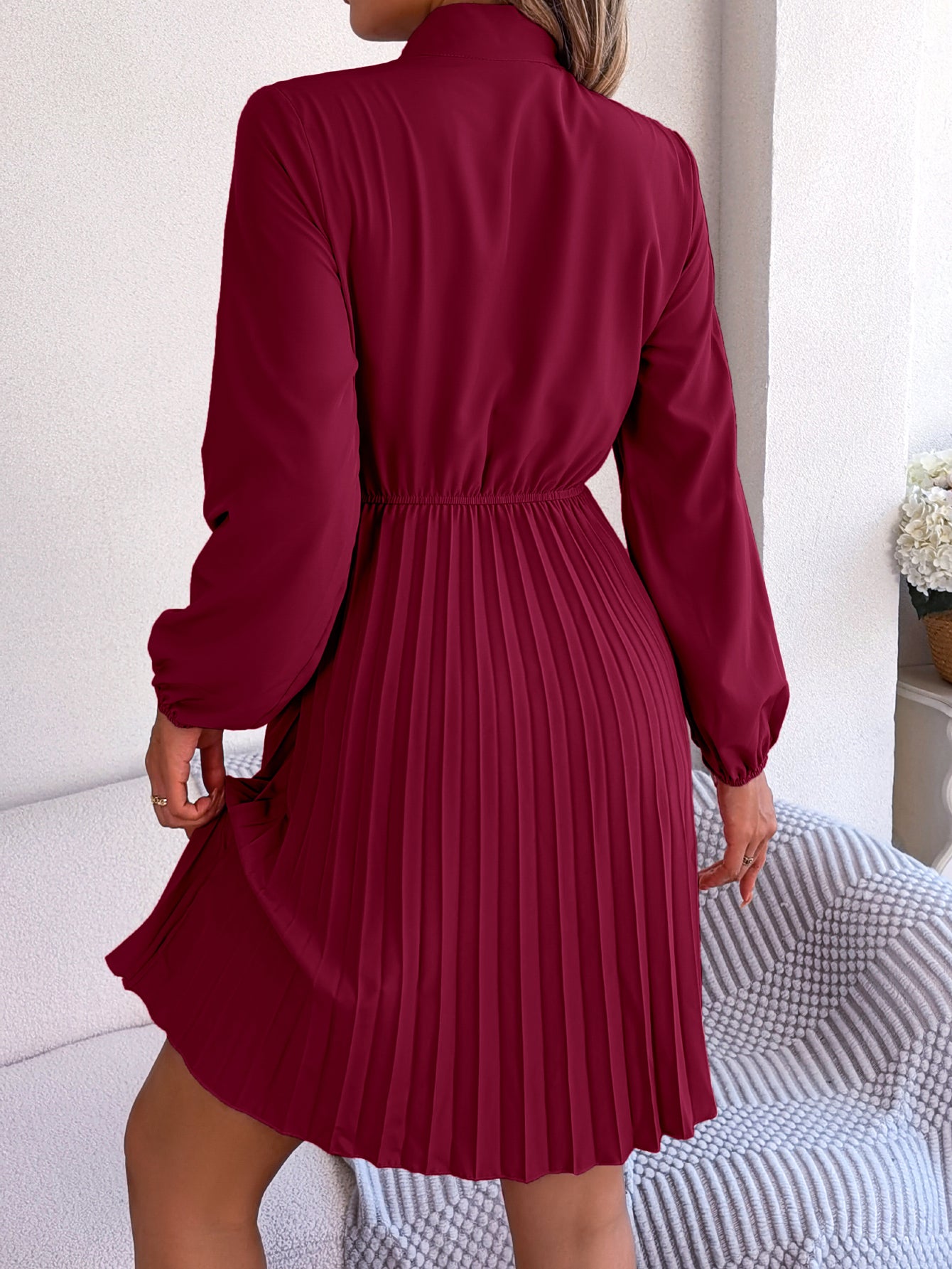 Women's Elegant Tie Waist Long Sleeve Pleated Skirt vestido