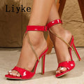 Liyke 2026 Summer Fashion Metal Chain Belt Buckle Strap Designer Sandals Women Party Prom Shoes Sexy Open Toe Stripper Heels Red 