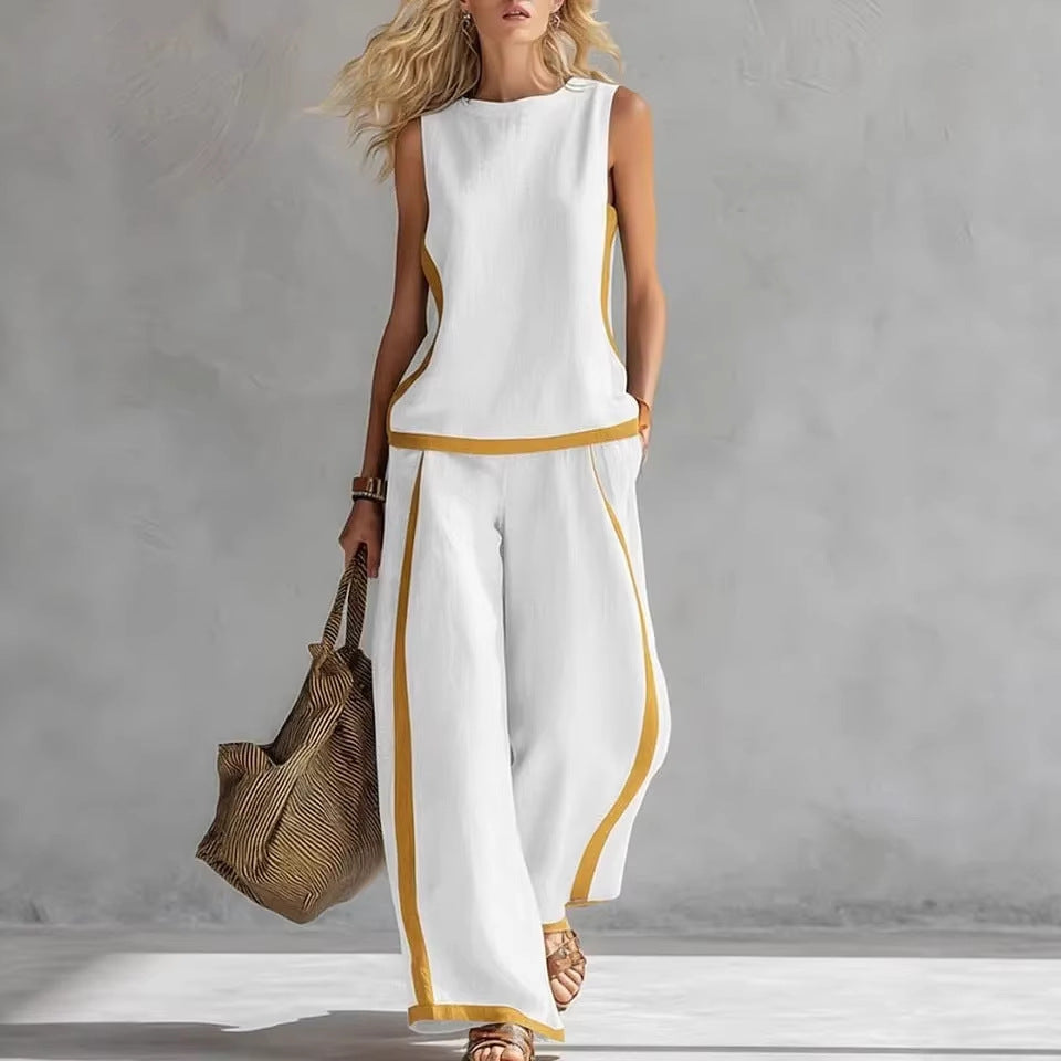 Round-neck Sleeveless Casual Loose Top And High-waist Loose Wide-leg Pants Set
