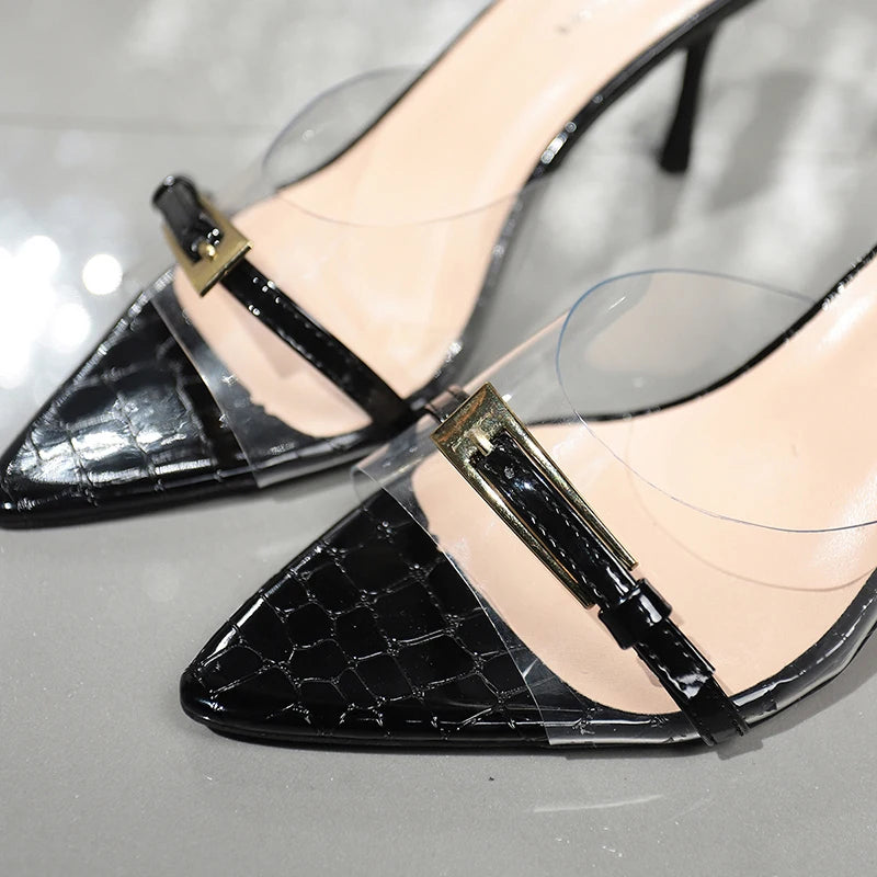 Sexy Pointed Toe Thin Heel Sandals Women Fashion Design High Heels Party Shoes Woman Plus Size 42 Pvc Summer Sandalias Mujer