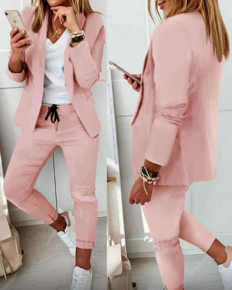 Office Lady Blazer And Lace-Up Pants Two Piece Set 2024 New Casual Fashion Solid Color Women's Set Conjuntos De Mujer Streetwear