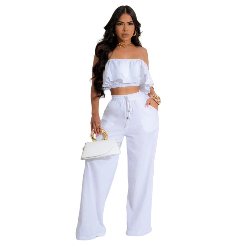 Off-shoulder Ruffled Short Top And Wide-leg Long Pants Set