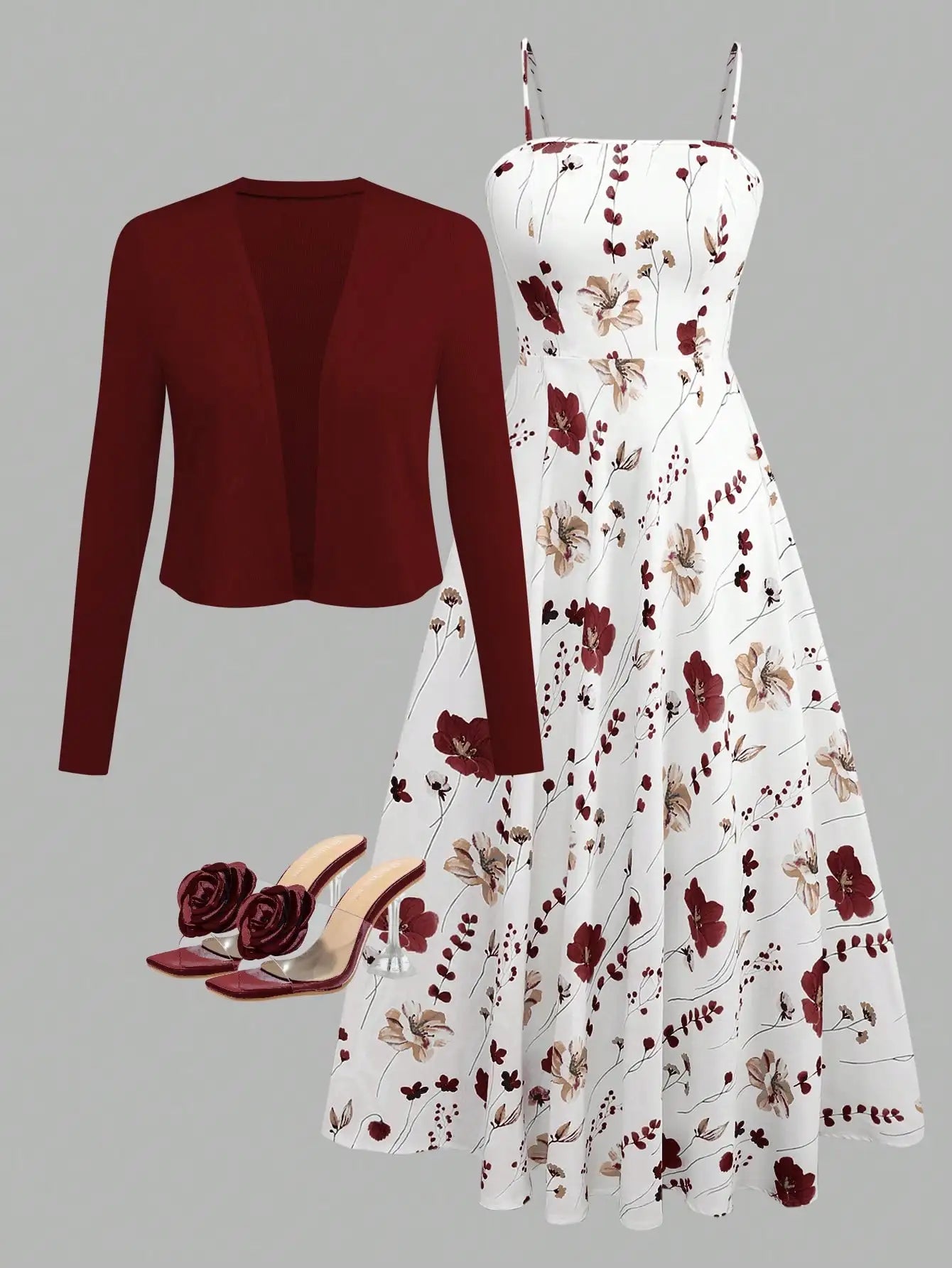 Women's Elegant Leopard Print Camisole Dress With Waist Cincher & Knit Cardigan Set