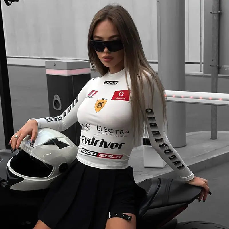 Hot Letter Print Biker Style Tops Soft Fabric Women Street Wear Trendy Cool Fitted Round Neck Pullover New Autumn Winter Fashion 