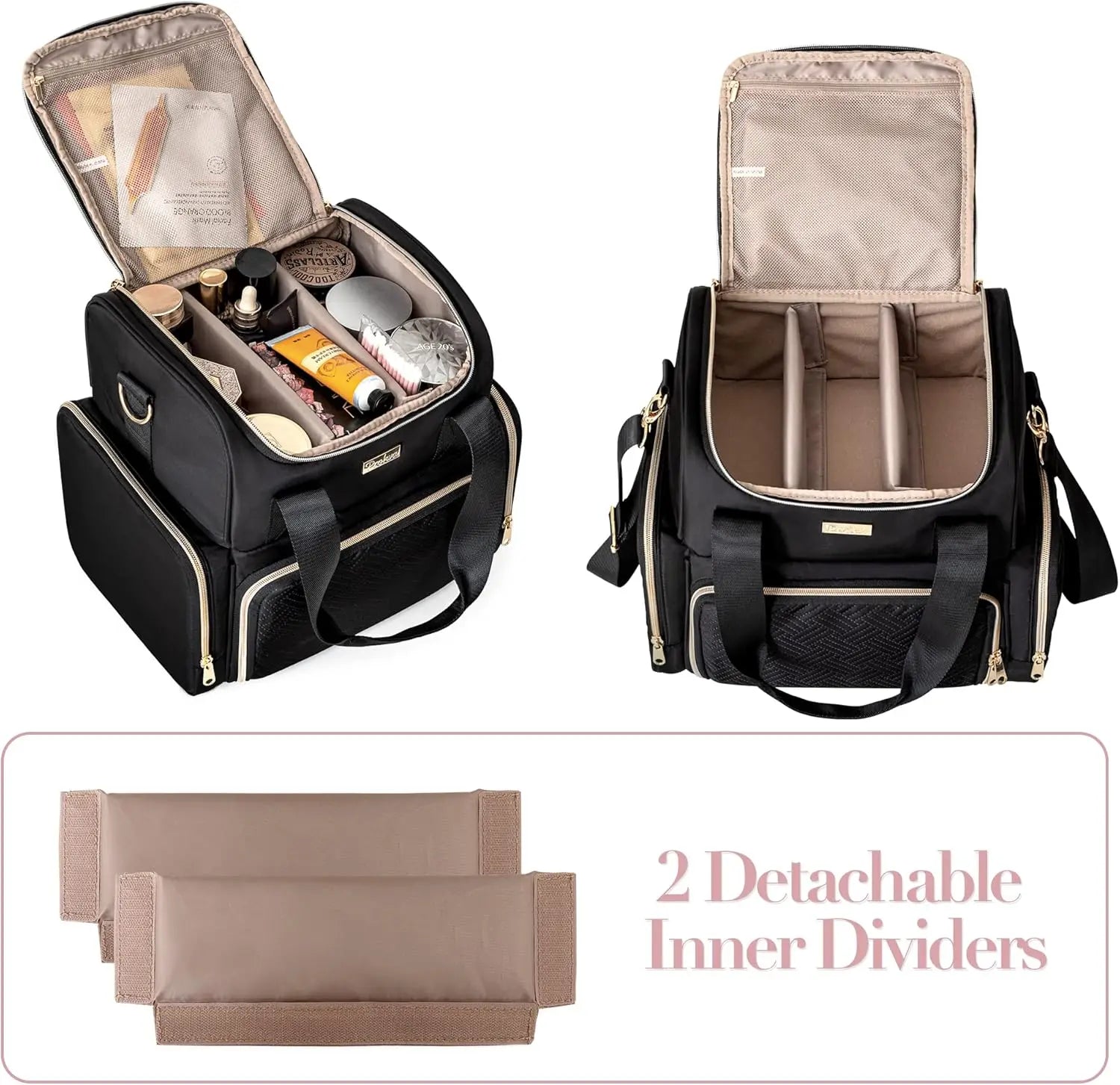 Large Travel Cosmetic Bag with 3 Removable Cases, Double Layer Organizer and Brush Storage in Black