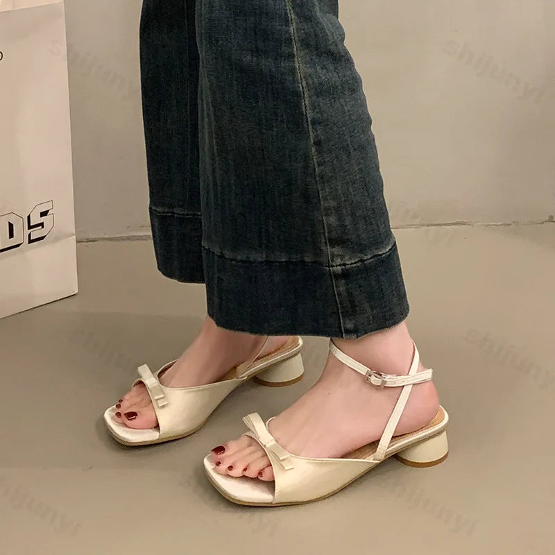 Women High-heel Sandals Fashion Thick Heel Butterfly-knot Women Sandals 2025 Summer Ladies Outdoor Gladiator Sandalias De Mujer