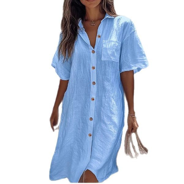 Casual Solid Shirt Dress Lady Fashion Short Sleeve Button Loose Dresses Women Elegant Office Skirt Womens Clothing Summer camisa manga corta de verano mujer.