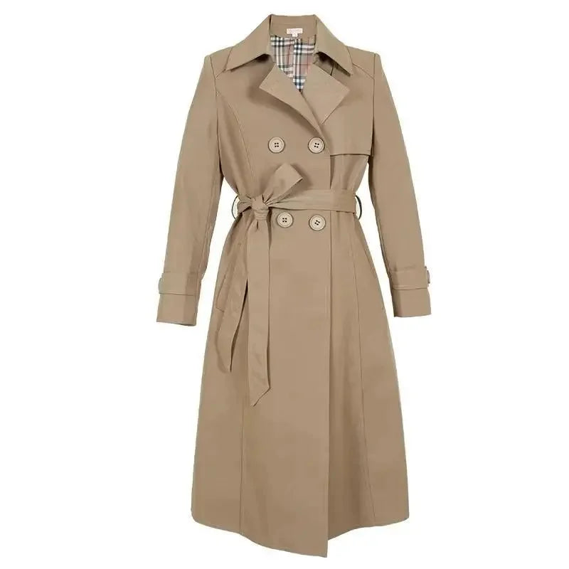 Women Trench Coat Spring 2025 New Fashion Khaki Black Double-Breasted Mid Length Windbreaker Female Outerwear Gabardina Mujer