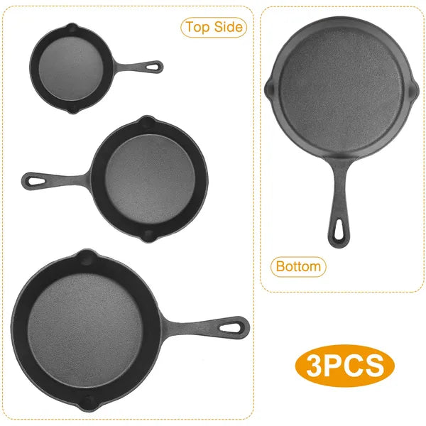 3Pcs Pre-Seasoned Cast Iron Skillet Set 6/8/10in Non-Stick Oven Safe Cookware Heat-Resistant Frying Pan sartenes