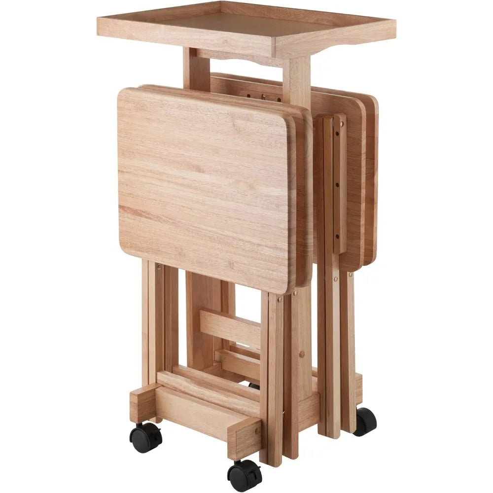 Isabelle Snack Table Set with Mobile Stand, for Living Room, Patio, Natural, Set of 4 Tables
