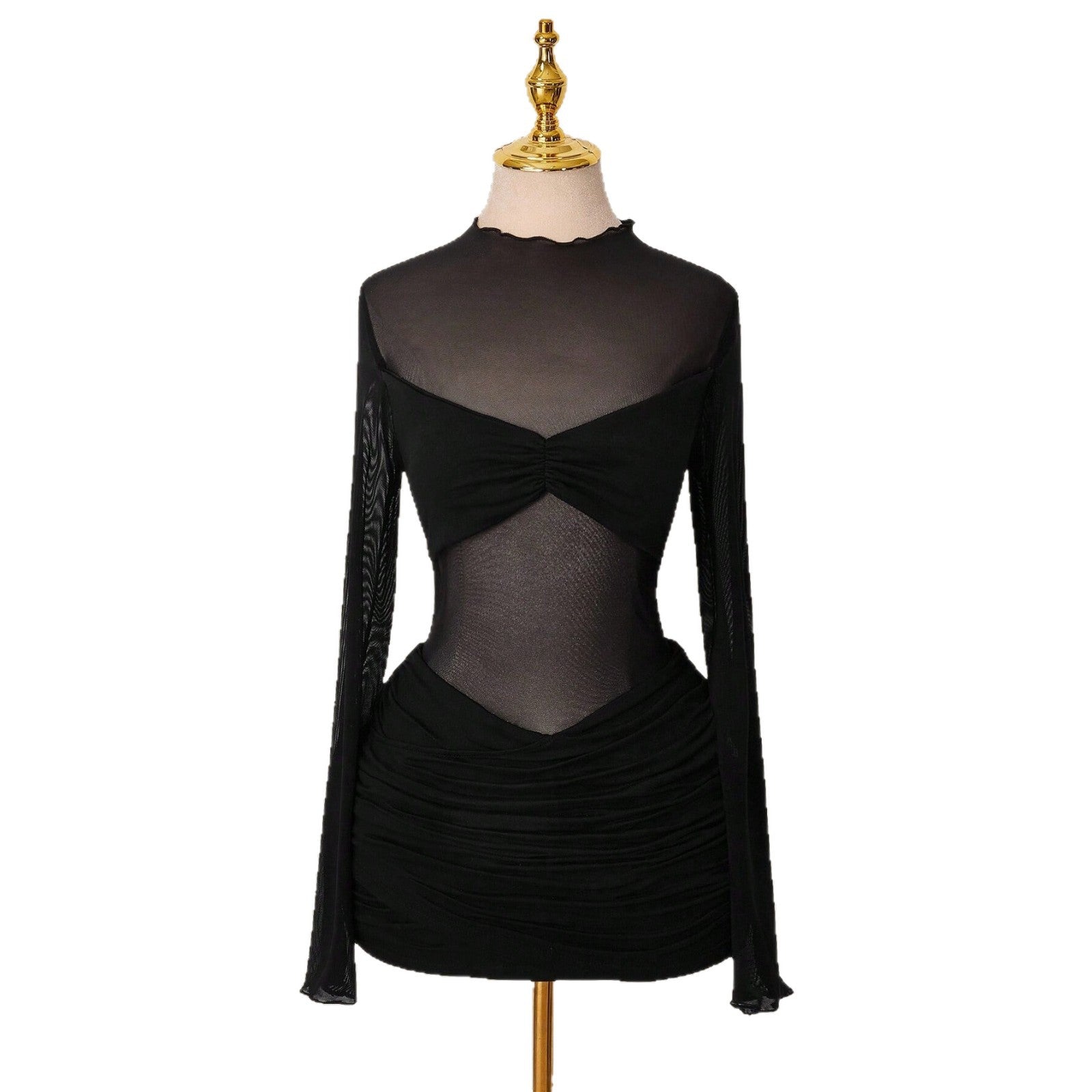 Solid-color Slim-fit Sexy Mesh Sheer Round-neck Sheath Dress For Women