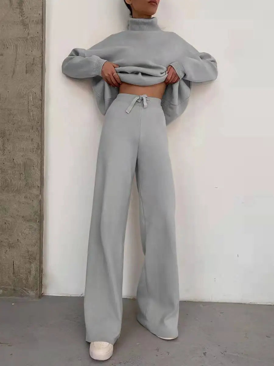 Sets Women Outfits Elegant Turtleneck Long-sleeved Sweater Trouser Suit Solid Color Comfortable Wide Leg Home Conjuntos De Mujer