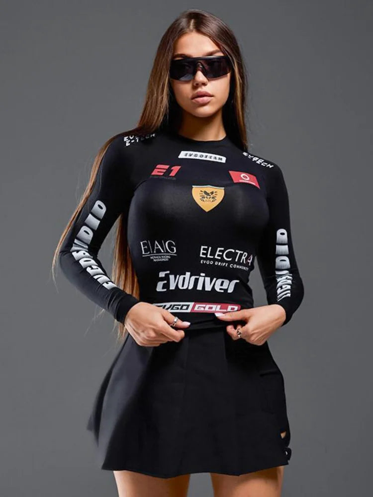 Hot Letter Print Biker Style Tops Soft Fabric Women Street Wear Trendy Cool Fitted Round Neck Pullover New Autumn Winter Fashion 