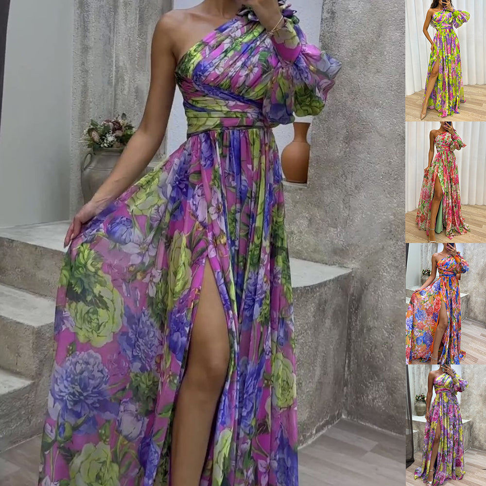 Floral Print Split Maxi Dress Fashion Sexy One-shoulder Long-sleeved Dresses Summer Beach Clothing For Women vestidos mujer