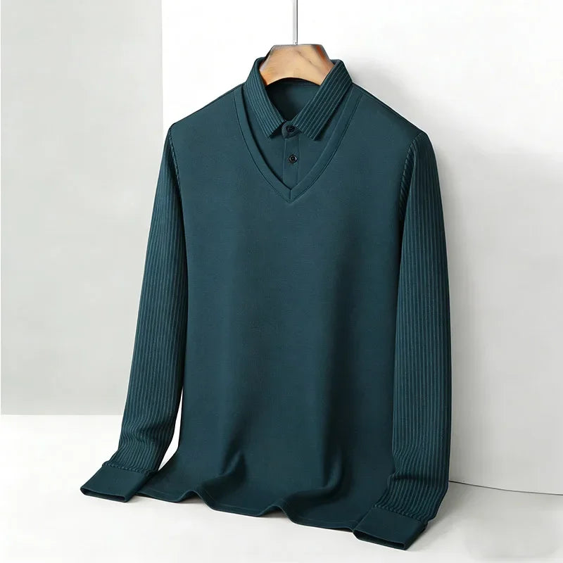Men's Fake Two Piece Shirt Collar V Neck Long Sleeve Top Khaki Striped Casual Fashion Soft Fabric Daily Wear Blou 