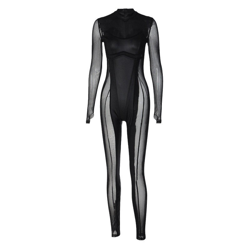 Spliced Mesh Sheer Long-Sleeve Sexy Bodycon Black Jumpsuit
