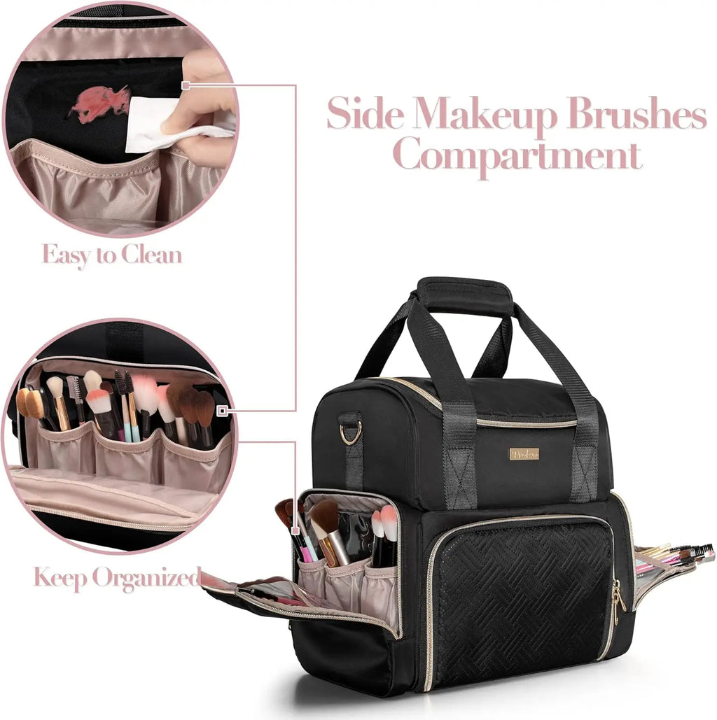 Large Travel Cosmetic Bag with 3 Removable Cases, Double Layer Organizer and Brush Storage in Black