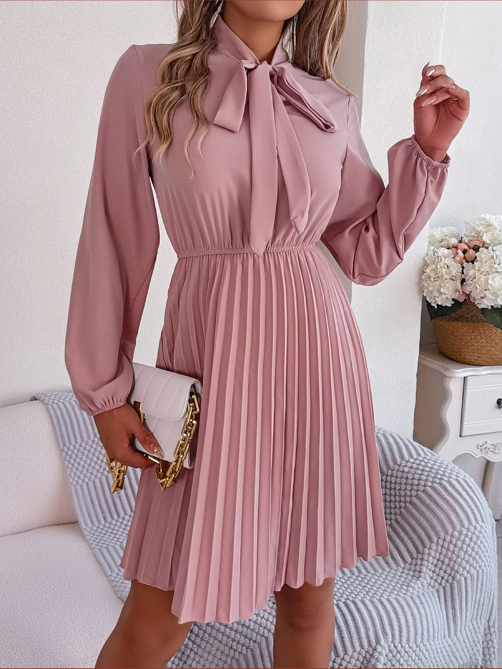 Women's Elegant Tie Waist Long Sleeve Pleated Skirt vestido