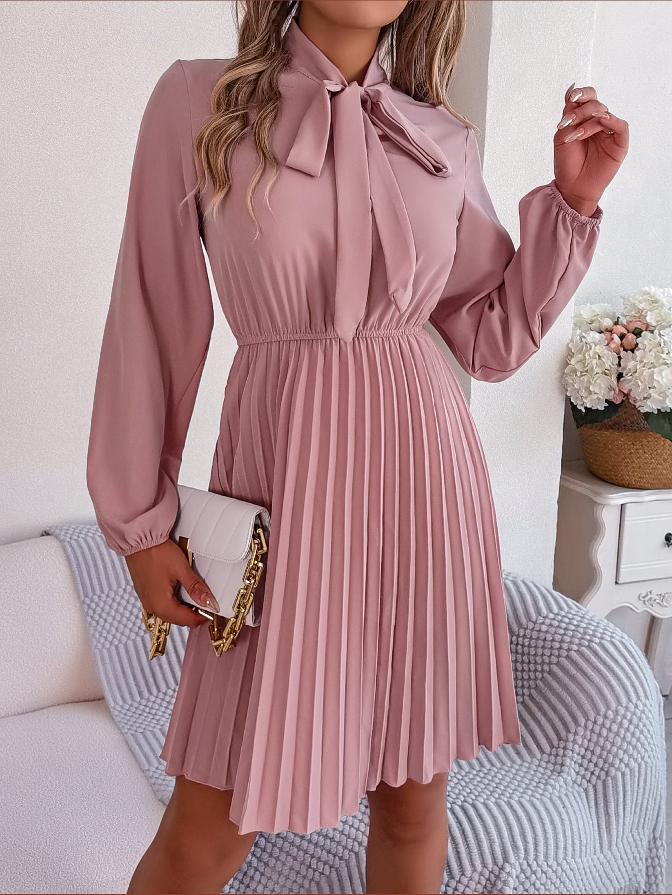 Women's Elegant Tie Waist Long Sleeve Pleated Skirt vestido