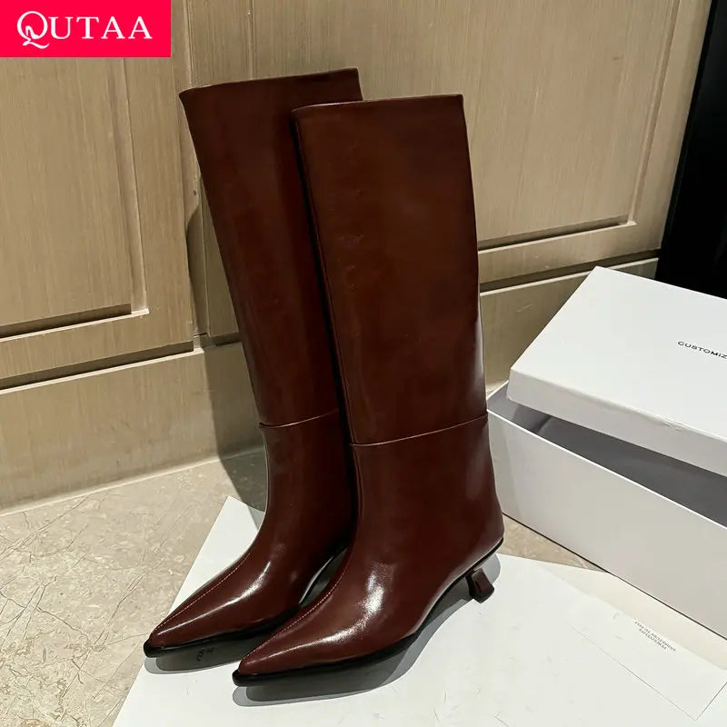 QUTAA Fashion News Women Knee High Boots Pointed Toe Winter Woman Shoes High Heels Cow Leather Long Boots Black Size 34-40