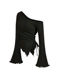 women's New off shoulder cross long sleeved slim fit casual street style asymmetrical elegant T-shirt trumpet sleeve top