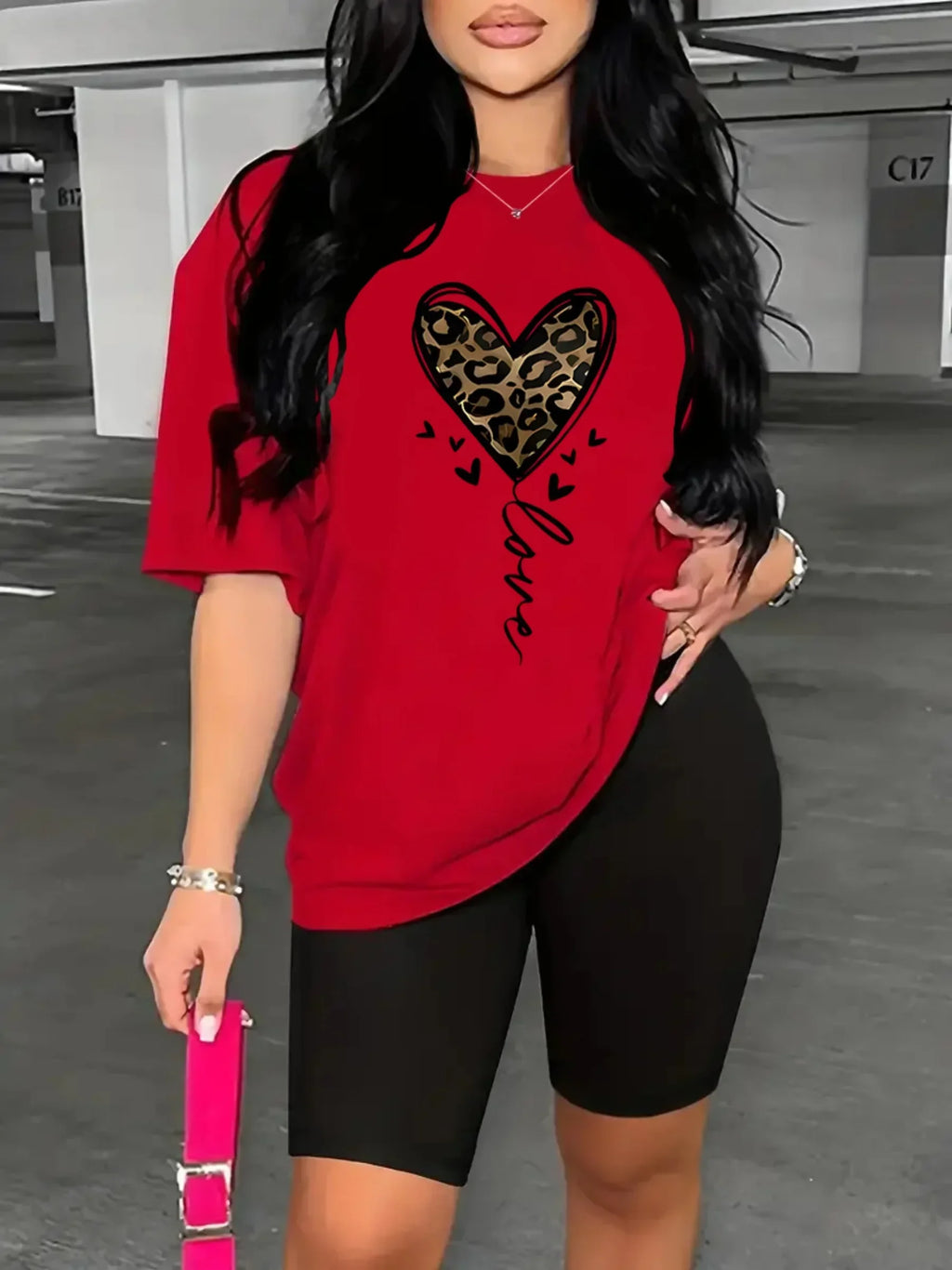 Women's Fun Love Print Short Sets Novelty Fashion Breathable Short Sleeve Streetwear H