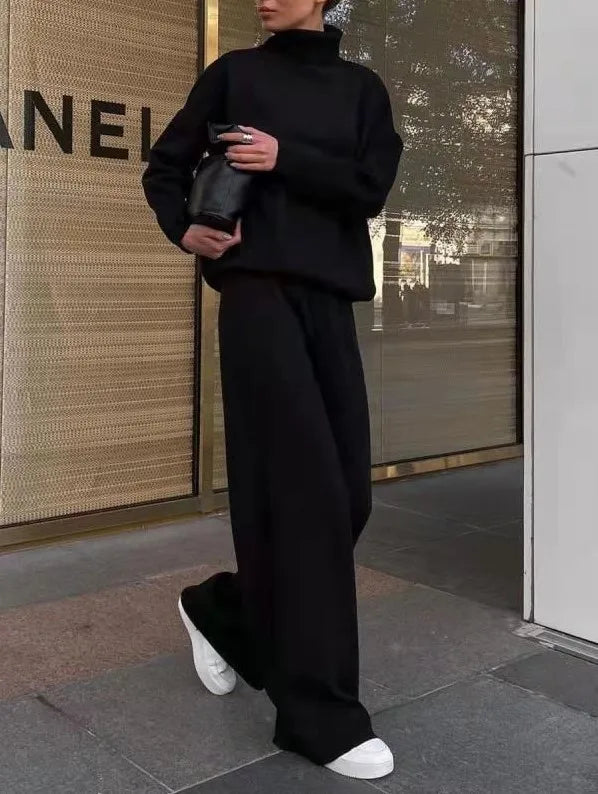 Sets Women Outfits Elegant Turtleneck Long-sleeved Sweater Trouser Suit Solid Color Comfortable Wide Leg Home Conjuntos De Mujer