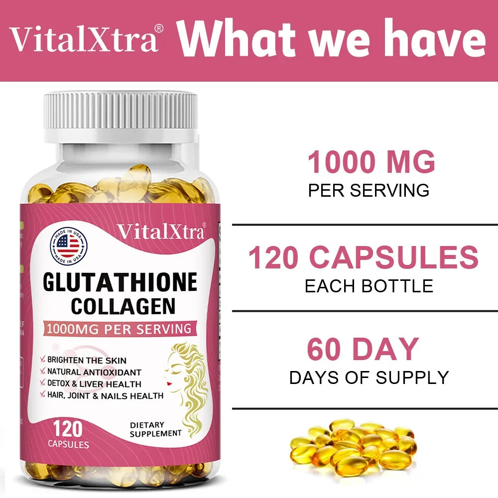 Glutathione Collagen 1000mg, Highly Absorbable Supplement, Supports Skin Health, Immunity, and Liver Function, 120 Capsules