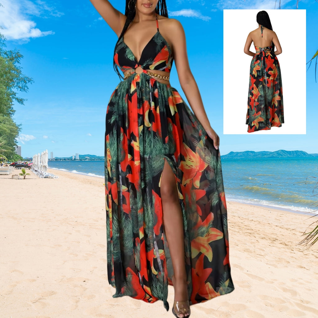 Elegant Womens Floral Print Halter V-neck Backless Side-Slit Dress Cut Out Waist Chain Sleeveless High Side Split Fit Flare Maxi Long Dresses vestido floral elegante.