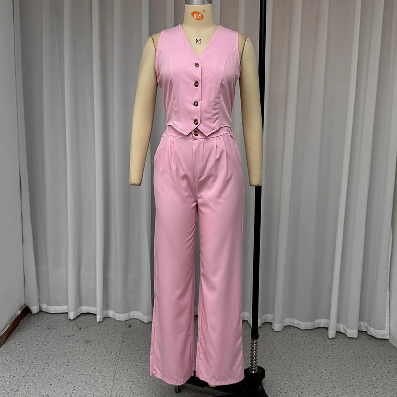 Women's Solid Color And V-neck Sleeveless Vest Elegant Suit Pants Suit