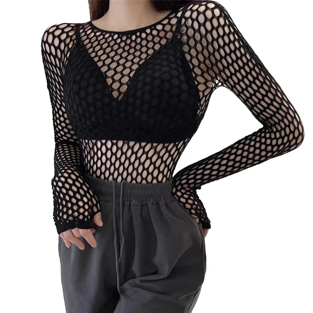 Womens Sexy Mesh Long Sleeve Fishnets Tops Fun Fashion Slim Fit Tops Hollow Out See Through Loose Female T-shirts Crop soft Top 