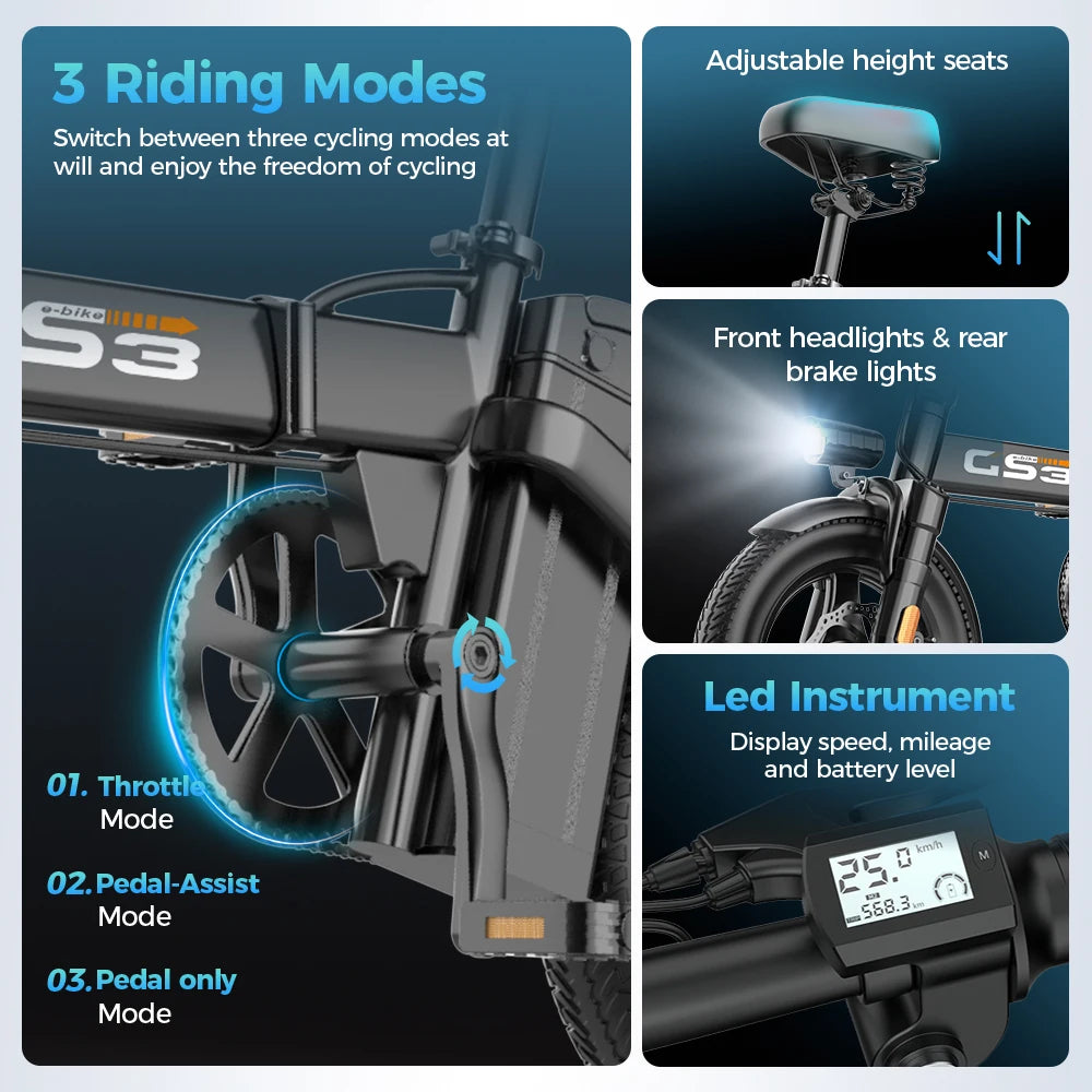 UPlee GS3 14-inch electric bike easy to fold adult commuter electric bike, 500W motor, removable battery, 20-mile maximum range